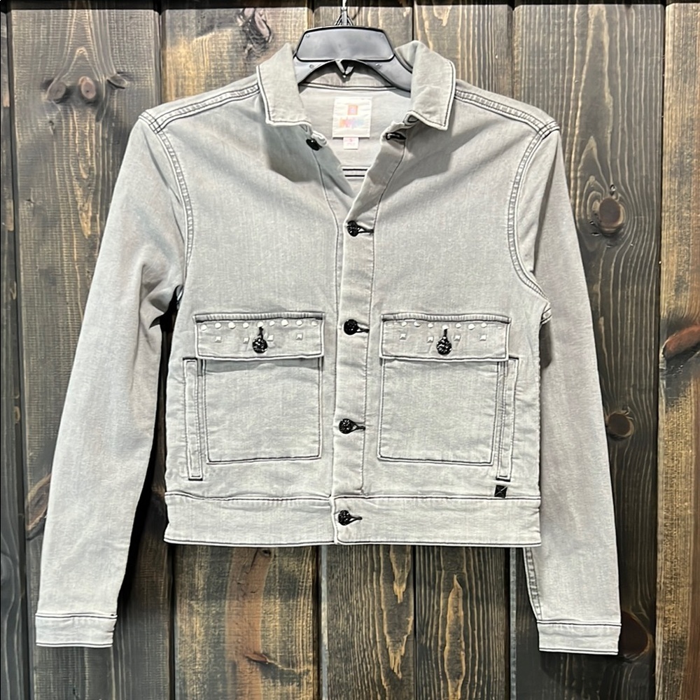 Lularoe Denim Jacket S Grey Embellished Sequin Tiger Stretch Cropped Edgy Boho